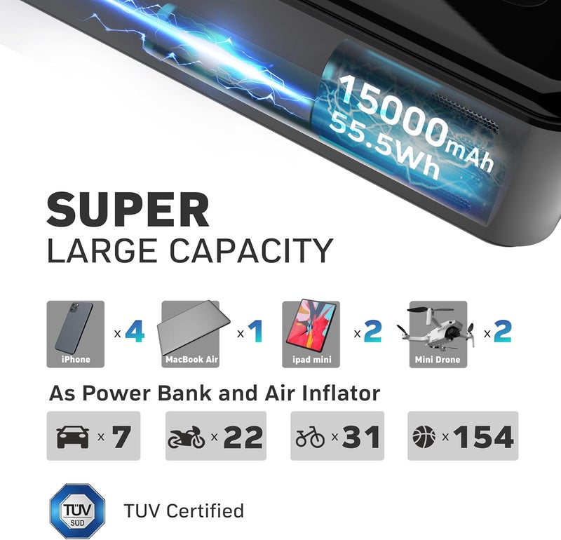 Denix Tire Inflator Portable Air Compressor, 2X Faster Inflation Cordless Air Compressor, Electric Air Pump for Car Tires with 15000 mAh Battery Capacity, 45W 3X Faster Charging, Deluxe Package. - Image 2
